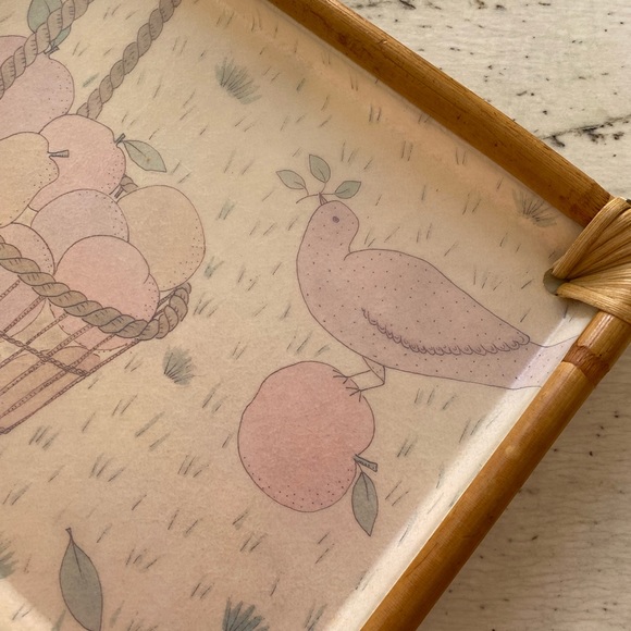 Alpac Vintage 80s Fiberglass Bamboo Tray Pastel Apples Basket Bird Design - Picture 9 of 14